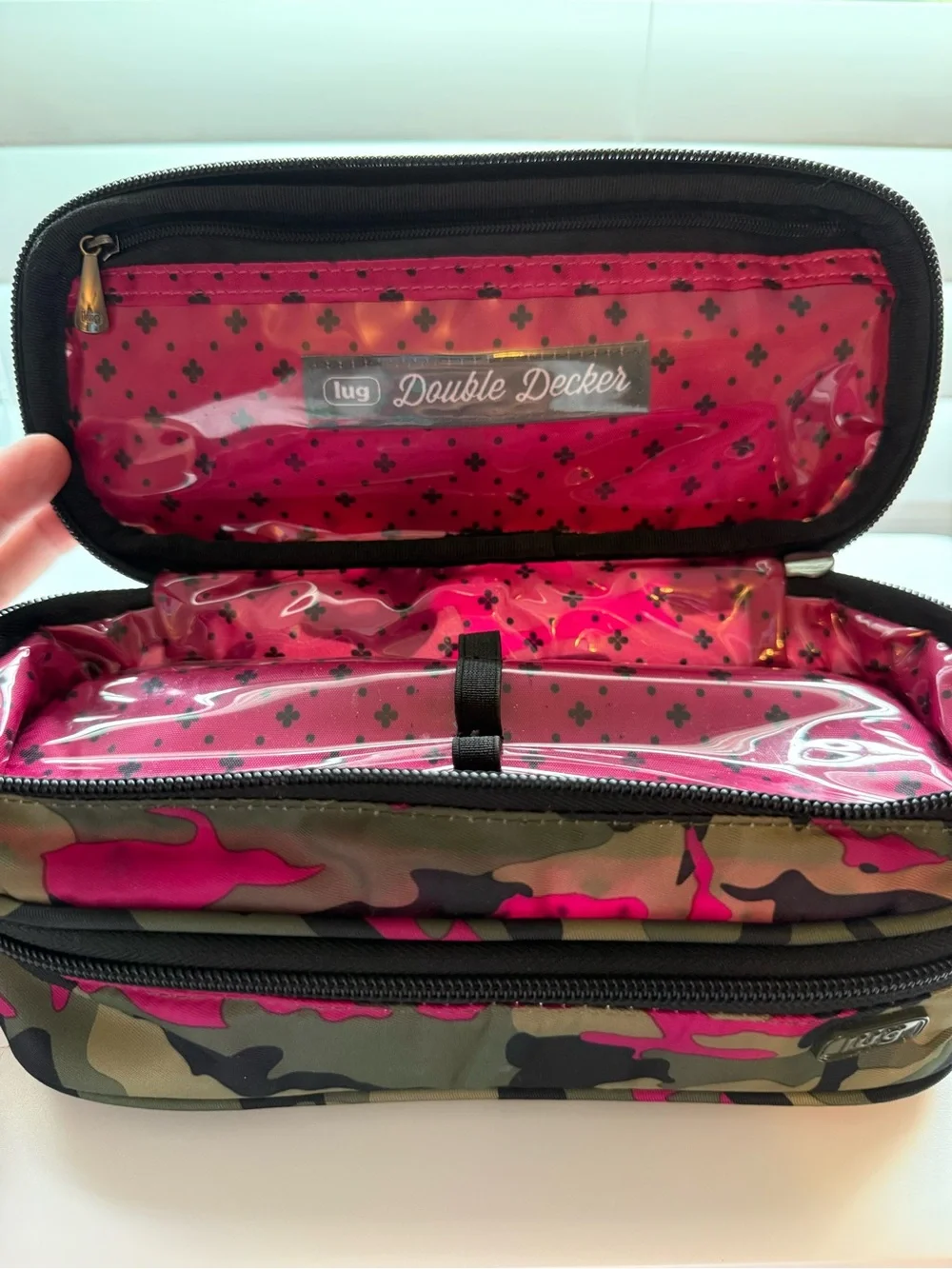 Lug brand olive/pink/black Camo Cosmetic Case with lots of storage sections